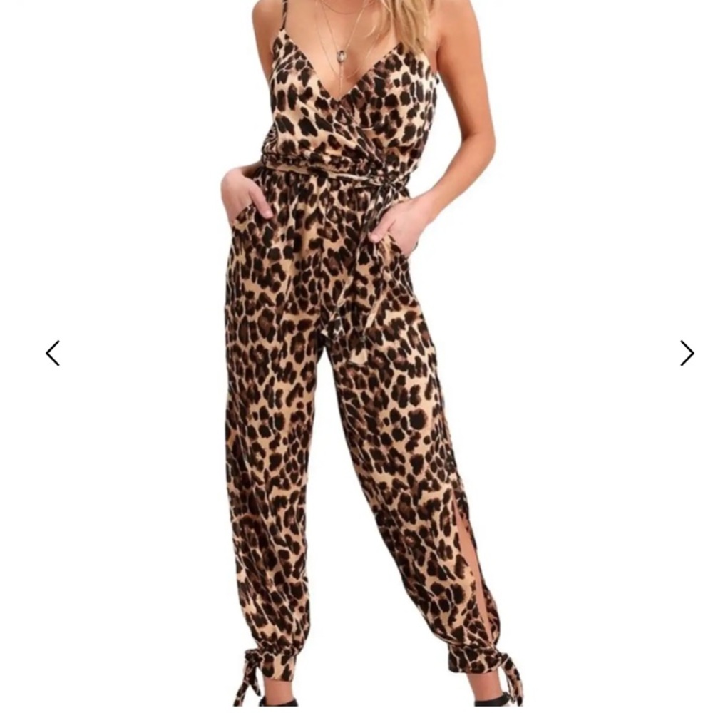 Lulus Women XL Leopard Print Satin Ankle Ties Jumpsuit